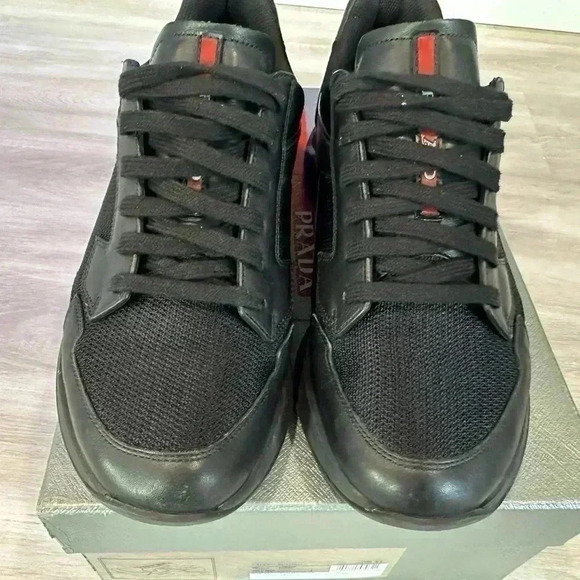 AUTH PRADA AMERICAS CUP SNEAKERS SHOES 4E2816 BLACK LEATHER US 8.5 - Picture 10 of 13
